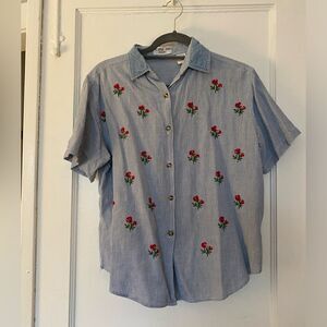 Vintage Blue Striped Button Up Blouse with Rose Embroidery Pattern Size PM